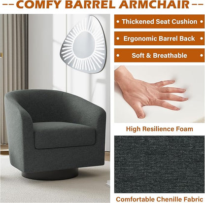 Swivel Accent Chairs Set of 2, Chenille Barrel Club Chair Upholstered Armchair for Living Room, Modern Arm Chair Small Single Sofa Bedroom Reading Seat - Gray
