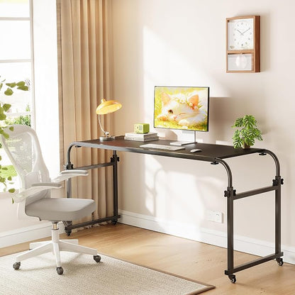 TigerDad Heavy Duty Overbed Table with Wheels, 55"-83" Adjustable Cross Bed Desk for King Queen Size, Mobile Rolling Laptop Cart for Home Office & Hospital Bed