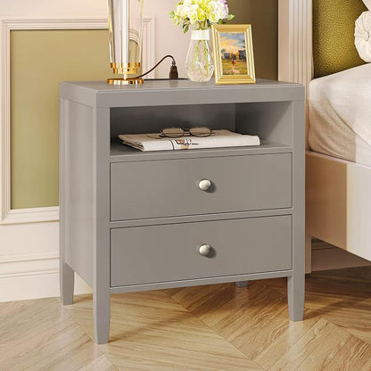 Huuger Grey Nightstand Set of 2, Night Stand with Charger Station, Bedside Table with 2 Drawers, Bed Side Tables for Bedroom, Modern Nightstands, Metal Knobs, Painted Surface