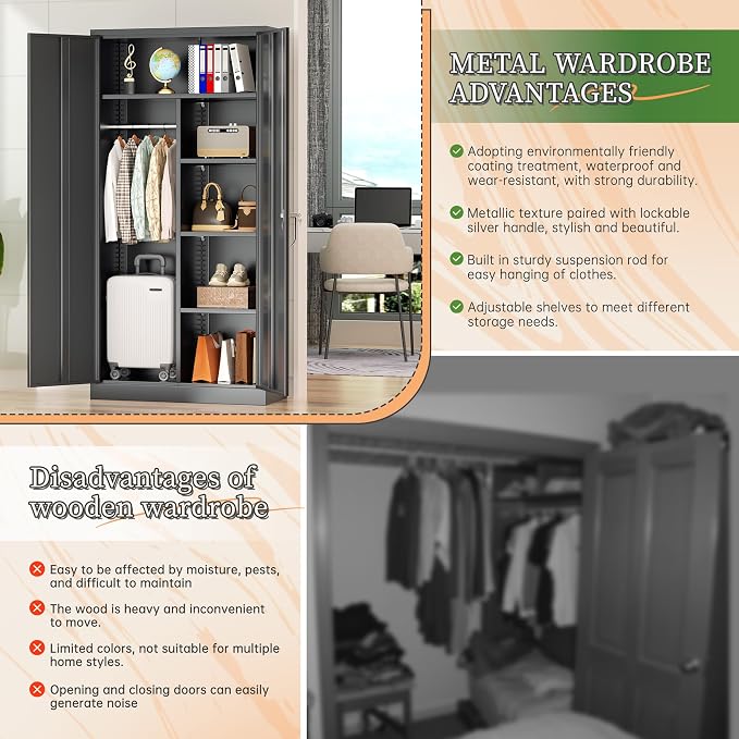 Greenvelly Metal Wardrobe Cabinet with Locking Doors, 72"H Black Metal Wardrobe Closet with Hanging Rods and Adjustable Shelves, Clothing Storage Closet for Home, Office, Employee, Gym (16" D x 32" W)