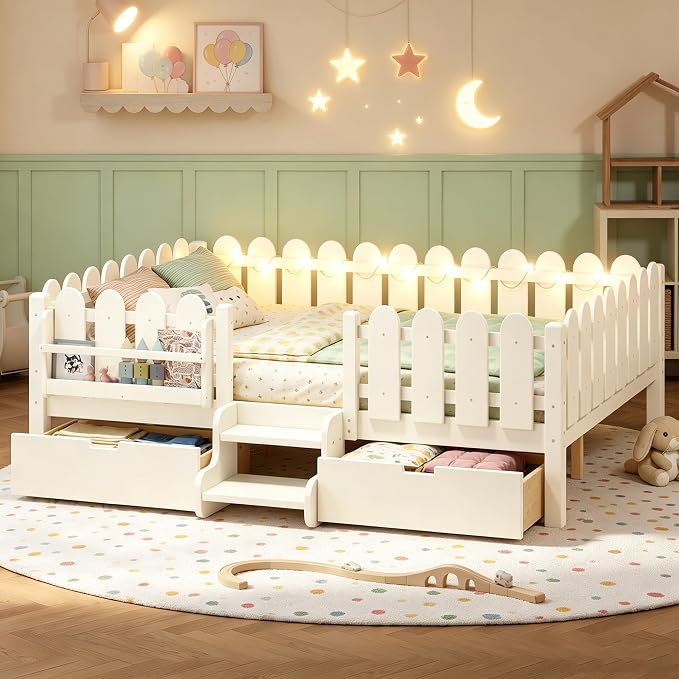 Bellemave Queen Kids Montessori Bed with Stairs, Bookshelf and LED Lights, Solid Wood Kids Bed Frame with Storage Drawers for Boys Girls, Low Profile,Beige