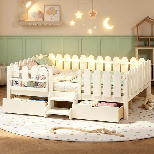 Bellemave Queen Kids Montessori Bed with Stairs, Bookshelf and LED Lights, Solid Wood Kids Bed Frame with Storage Drawers for Boys Girls, Low Profile,Beige