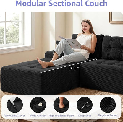 Hobestluk Modular Sectional Sofa Couches L-Shape Couch 3 Seat Modular Sofa Memory Foam Sectional Couches for Living Room, Cloud Couch with Oversized Chaise (Ebony Corduroy, 108", Left Hand Facing)