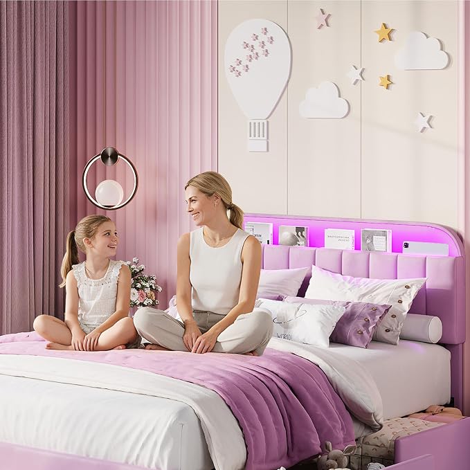 Garvee Twin Size Bed Frame with 2 Flexible Drawers, Upholstered Platform Bed Frame with Bookcase Headboard and LED Lights, Kids Bed for Girls, Easy Assembly, Noise Free, Purple