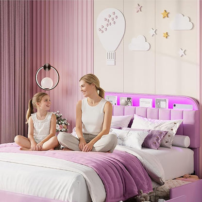 Garvee Twin Size Bed Frame with 2 Flexible Drawers, Upholstered Platform Bed Frame with Bookcase Headboard and LED Lights, Kids Bed for Girls, Easy Assembly, Noise Free, Purple