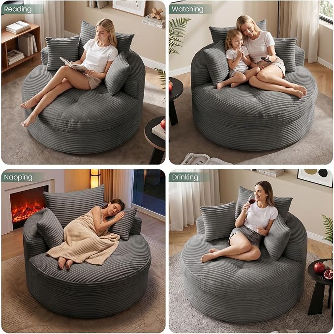Oversized Round Chaise Lounge Chair, Deep Seat Cloud Boneless Floor Sofa Couch, Upholstered Corduroy Sleeper with 3 Pillows & Optional Ottoman, No Assembly Modern Lazy Floor Lounger for Living Room