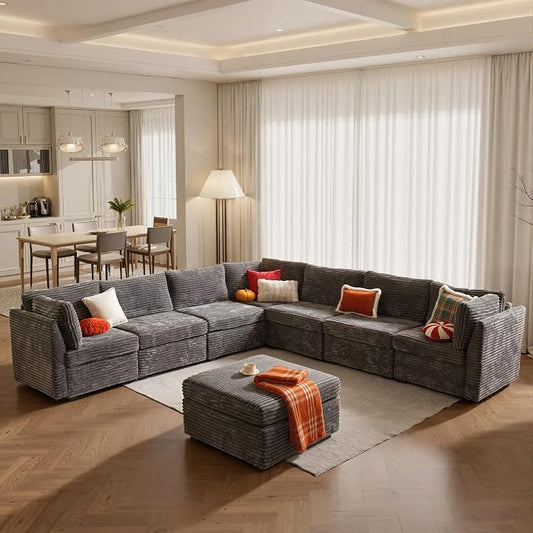 ovios Modular Sectional Sofa Couch with V-Shape Chaise Ottoman, Comfy Plush Corduroy Cloud Couches, Modern Luxury Deep Seat Sofas Set for Living Room, 8-Seater, Grey