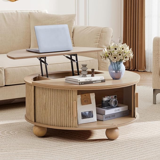 Fluted Round Lift Top Coffee Table with Hidden Storage, 33.5'' Modern Boho Center Table with Sliding Tambour Door & Solid Wood Legs, Circle Coffee Table for Living Room, Small Space, Natural