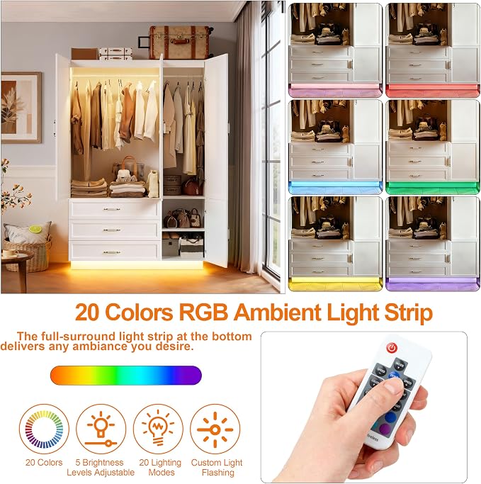 72" Armoire Wardrobe Closet with 3 Door Wooden Bedroom Armoire with LED Light 3 Drawers Large Modern Wardrobe Cabinet with Retro Ceramic Door Handles and Removable Hanging Rod White