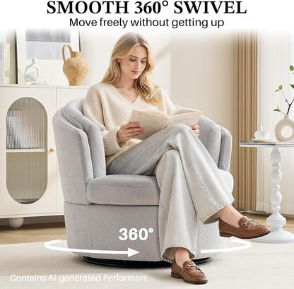 Swivel Accent Chair, Widened Round Barrel Chair with Pillow | Wide Padded Seat, Upholstered Chenille, Silent 360° Swivel Barrel Armchair for Living Room Bedroom Reading Nook, Light Gray