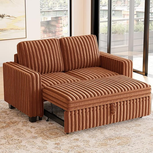 Belffin Corduroy Sectional Sleeper Sofa with Pull Out Bed Modular Sectional Loveseat Sofa Bed for Living Room Brick Red Couch