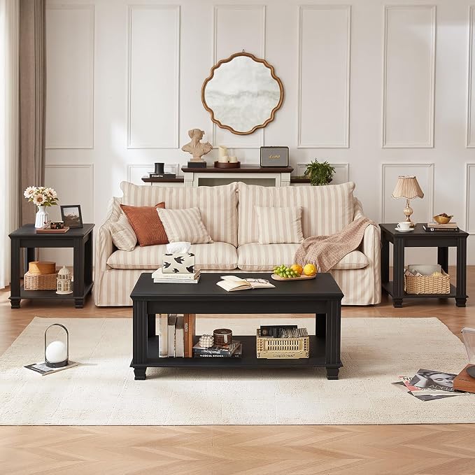SAVOR LIFE Farmhouse TV Stand and Coffee Table Set 4, Rustic Wood Living Room Table Set with TV Console, Center Table, End Table Set of 2 for Living Room, Black
