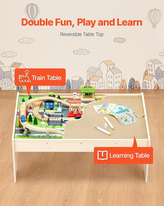 VEVOR Train Table, 84 Multicolor Pieces Wooden Kids Activity Table with Collapsible Storage Bin, 3-in-1 Wooden Train Set for Gaming, Drawing, Reading, Eating, Creative Toy Set for Kids Ages 3+