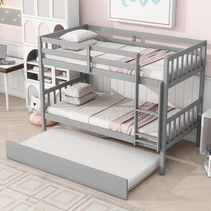 Merax Twin-Over-Twin Bunk Bed with Movable Trundle, Solid Wood Detachable Bunk Bed with Safety Guardrial and Ladder, Can be Converted Into 3 Separate Beds,Grey