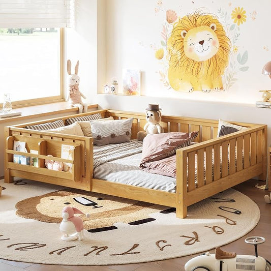 Bellemave Full Floor Bed with Slats and Rails, Full Size Montessori Floor Bed with Bookcase and Fence, Easy Assemble Montessori Beds for Girls, Boys, Deep Natural Floor Beds