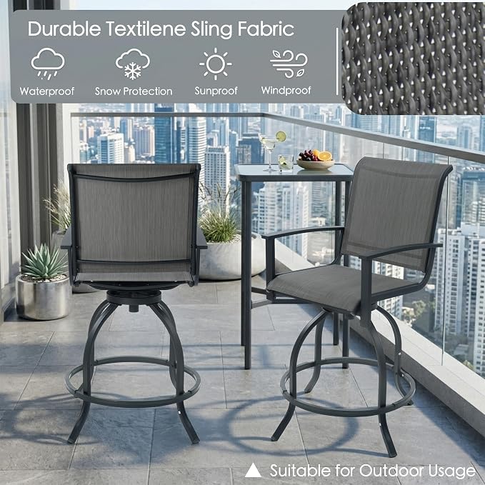 Kozyard Outdoor Swivel Bar Stools Set of 2, 360° Swivel Counter-Height Patio Bar Chairs with High Back, Powder-Coated Steel Frame & Textilene Fabric for Backyard, Balcony, Kitchen Island Gray