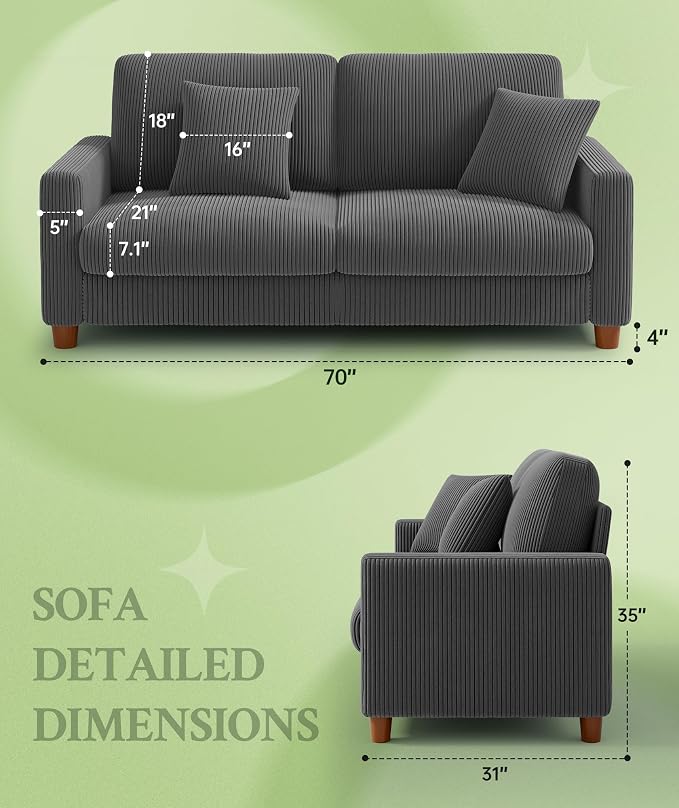 Welzona 70.2" Couches for Living Room, Comfy Grey Couch 7.1" Extra Thick Cushion, Sofas for Living Room Tool-Free Setup, Loveseat Sofa 705lbs Support, Corduroy Couch for Bedroom, Apartment, Office