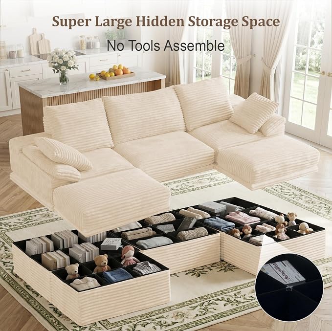 107" Modular U-Shaped Sectional Sofa with Storage, 3-Seat Corduroy Boneless Couch, 27" Deep Seat Cloud Couch & 2 Movable Ottoman, Tool-Free Assembly, Couch for Living Room, Beige
