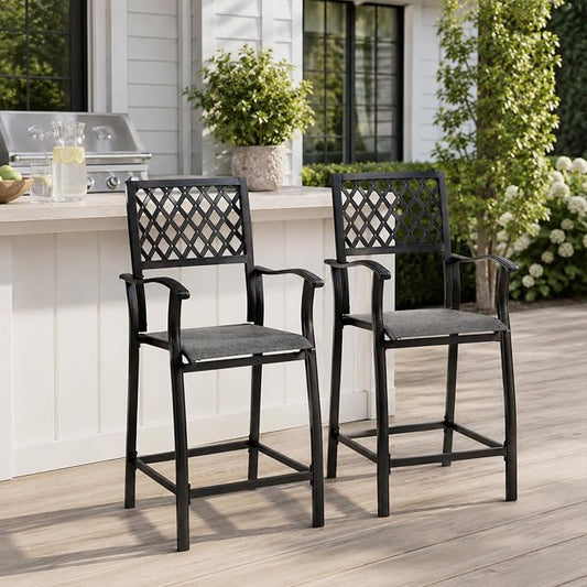 Kozyard Outdoor Counter Height Bar Stools Set of 2, Patio Bar Chairs with Wrought Iron Frame & Textilene Fabric, Outdoor Dining Chairs for Patio, Poolside, Backyard Gray