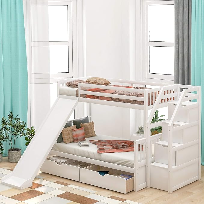 Solid Wood Twin Over Full Bunk Bed with Slide, Drawers, 4 Stair, Three Storage Grids and Full Length Guardrail, Multifunction play house Bunk Bed for Kids/Adults, No Box Spring Needed (White+ss)