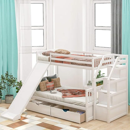 Solid Wood Twin Over Full Bunk Bed with Slide, Drawers, 4 Stair, Three Storage Grids and Full Length Guardrail, Multifunction play house Bunk Bed for Kids/Adults, No Box Spring Needed (White+ss)