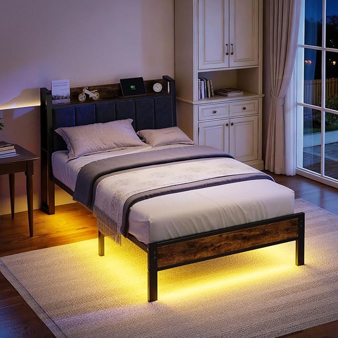 Liians Twin Size Bed Frame with Wood Storage Headboard and USB Charging Station, Smart LED Lights, Metal Platform Bed Frames Easy Assembly, Noise Free, No Box Spring Needed