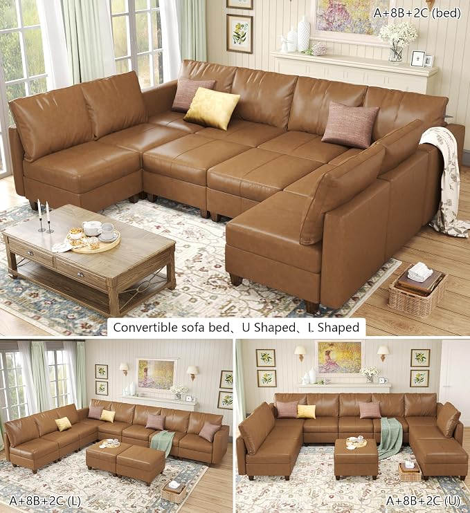 EASE MOOSE Modualr Sectional Couch U Shaped Sofa with Storage Ottomans, Faux Leather Modular Sofa Couch with Reversible Chaises for Apartment