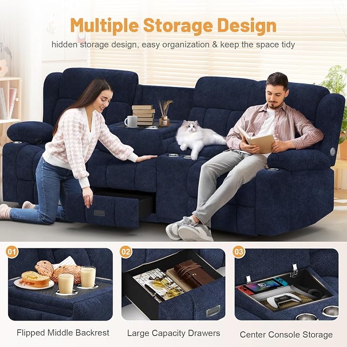 Dresegmt Recliner Sofa with Storage Console, Flip Middle Backrest Design 3-Seater Reclining Sofa with Storage Drawer, USB Ports & Cup Holders, Manual Couch for Living Room (Blue, 3 Seater + Console)