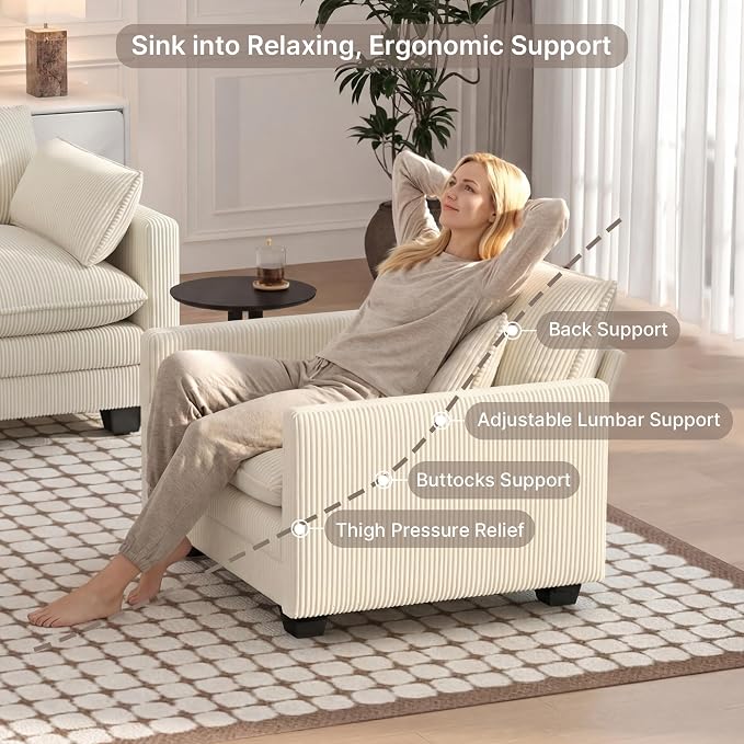 Gizoon Cloud Accent Chair with Washable Cover, Corduroy Single Sofa Chair with Comfy Deep Seat, Modern Armchair with Pillow for Living Room Bedroom, Beige