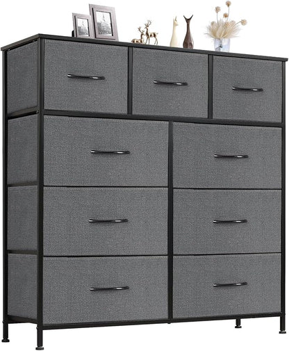 Sweetcrispy 9 Drawer Fabric Dresser Tall Chest Storage Organizer Tower | Cabinet Metal Frame and Wood Top Lightweight Closet Furniture for Bedroom, Charcoal Grey