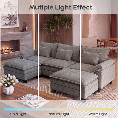 URRED Oversized Modular Sectional Sofa, 122" U Shaped Modern Comfy Cloud Couch with Movable Ottoman & Pillows, Deep Seat Couches for Living Room, Bedroom or Apartment (Chenille Gray, 122" U Shaped)