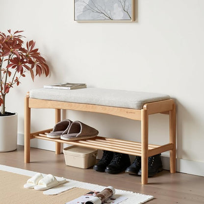 Solid Wood Shoe Bench Assembled, Shoe Rack Bench with Cushion for Entryway, Living Room, Bedroom, Hallway, 11.8" x 31.5" x 16.5", Natural
