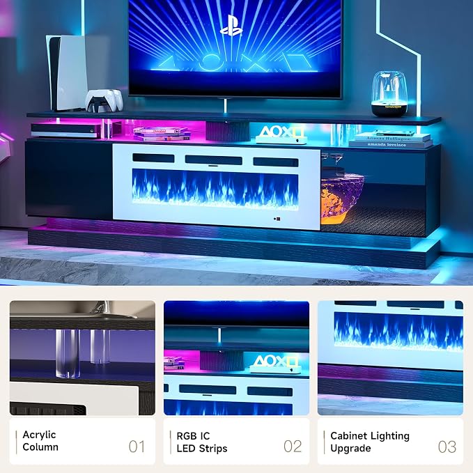 70" Fireplace TV Stand, Modern Entertainment Center for TVs Up to 80”, TV Console with Storage Cabinets, Media Console for Living Room,Black TV Stand and White Fireplace