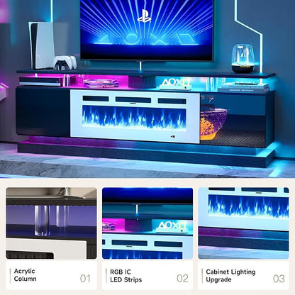 70" Fireplace TV Stand, Modern Entertainment Center for TVs Up to 80”, TV Console with Storage Cabinets, Media Console for Living Room,Black TV Stand and White Fireplace