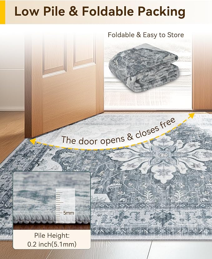 RELEANY Area Rugs Small 2'6"x4' Washable Non-Slip, Floral Vintage Distress Medallion Carpet for Kitchen Entryway Bathroom, Light Gray Grey White