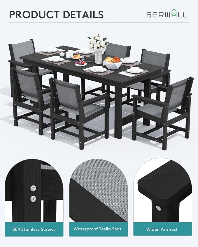 SERWALL Patio Dining Sets for 6, Outdoor HDPE Dining Set with Umbrella Hole Cut-Out Table and 6 Woven Chairs, Black