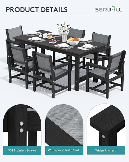SERWALL Patio Dining Sets for 6, Outdoor HDPE Dining Set with Umbrella Hole Cut-Out Table and 6 Woven Chairs, Black