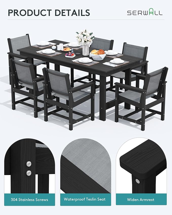 SERWALL 5 Piece Patio Dining Sets, Outdoor HDPE Dining Furniture Set with Umbrella Hole Cut-Out Table and 4 Woven Chairs, Black