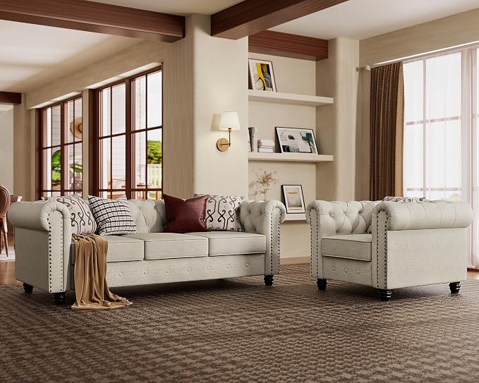 Morden Fort Sofa Set, Chenille Beige, 82''W x 34.5''D x 30''H, Chesterfield Style, Tool-Free Assemble, Pet-Friendly, 1430LBS Weight Capacity