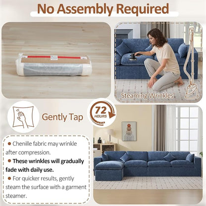 146''Cloud Boneless Sectional Couch, Modular Sectional Sofa Deep Seat with Ottoman, Oversized Upholstered Convertible Comfy 5 Seater Chenille Sofa L Shape Couches for Living Room, Blue