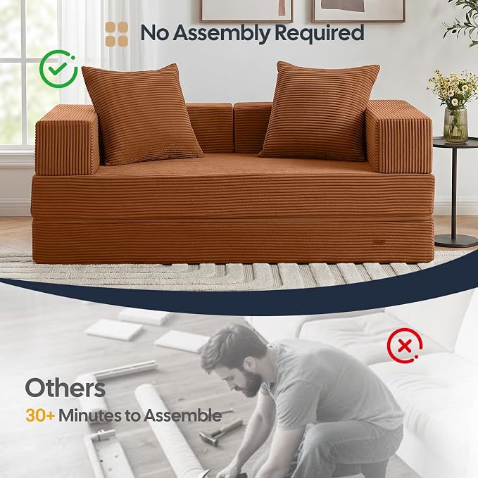COMAX Futon Sofa Bed, Convertible Sofa Bed, Folding Boneless Couches | Boneless Couch for living room, Fold Out Small Foldable Loveseat Floor Sleeper Mattress Lounge Space‑Saving, Orange