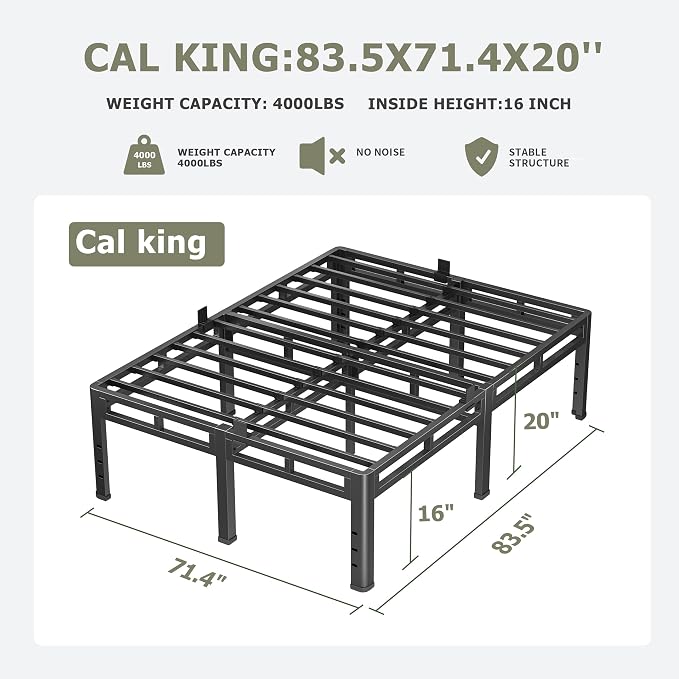 NKZ California King Bed Frame 20 Inch, Metal Bed Frame & Box Spring 2 in 1 Platform with Round Corner Legs, 4000lbs Weight Capacity Reinforced Metal Frame, Headboard Hole, Noise-Free, Easy Assembly