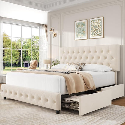 Keyluv King Size Upholstered Platform Bed Frame with 4 Storage Drawers, Modern Beige Velvet Bed with Adjustable Button Tufted Headboard, Solid Wooden Slat Support, Easy Assembly