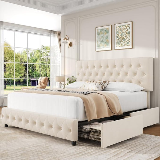 Keyluv King Size Upholstered Platform Bed Frame with 4 Storage Drawers, Modern Beige Velvet Bed with Adjustable Button Tufted Headboard, Solid Wooden Slat Support, Easy Assembly