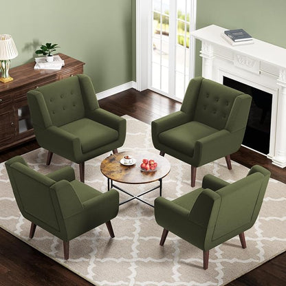HUIMO Accent Chair, Upholstered Button Tufted Armchair, Linen Fabric Sofa Chairs for Bedroom, Living Room, Mid-Century Modern Comfy Reading Chair (4 PCS, Green)