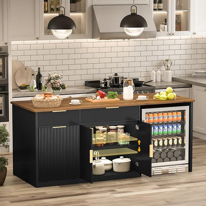 GDLF 75.6" W Large Kitchen Island with Storage and Fridge Space, Modern Kitchen Bar Island Table with Drawers and Trash Bin Space