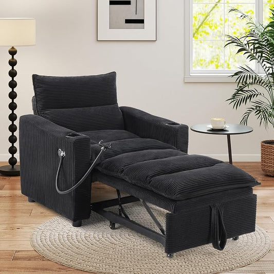HAOMARKETS Corduroy Sleeper Sofa Bed with 2 Cup Holders, 3-in-1 Convertible Pullout Futon Couch with Phone Holder&USB Charge Port, Single Chair with 3-Level Adjustable Backrest for Living Room