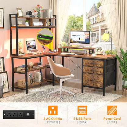 Aheaplus L Shaped Desk with Hutch, Gaming Desk with Led Lights, Reversible Computer Desk with Power Outlet, Corner Desk with File Drawer & Monitor Stand, Storage Shelves for Home, F1, Rustic Brown