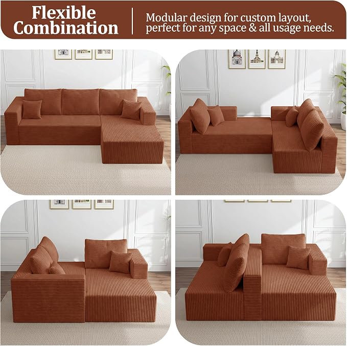 92.5" Modular Sectional Sofa, L-Shaped Cloud Couch with Deep Seats & Chaise, Convertible 4-in-1 Corduroy Boneless Couches for Living Room,Bedroom,No Need Assembly - Brown(Right Facing Chaise)