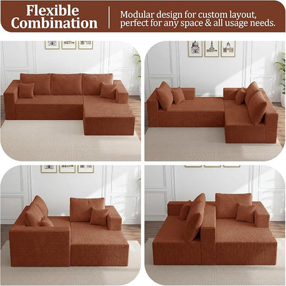 92.5" Modular Sectional Sofa, L-Shaped Cloud Couch with Deep Seats & Chaise, Convertible 4-in-1 Corduroy Boneless Couches for Living Room,Bedroom,No Need Assembly - Brown(Right Facing Chaise)